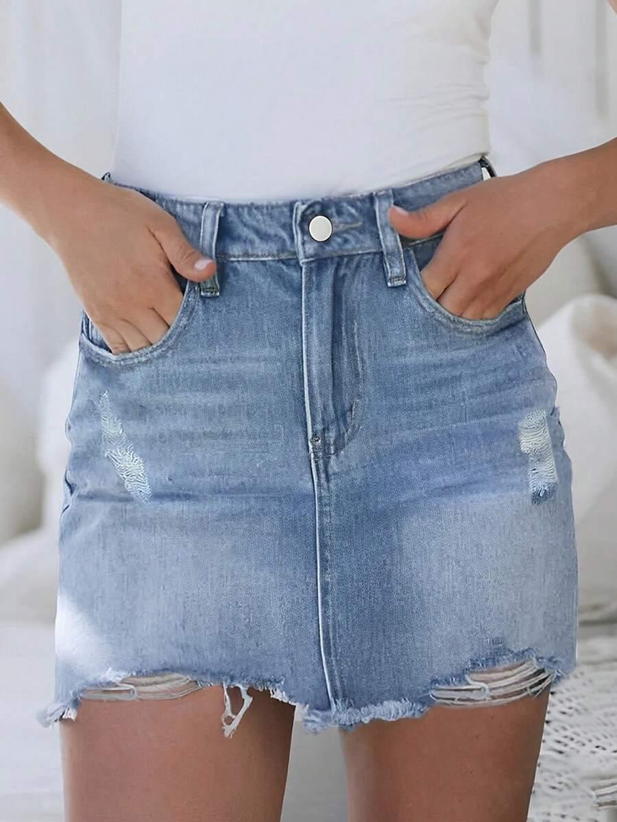 niebieska mini spódnica jeans ripped