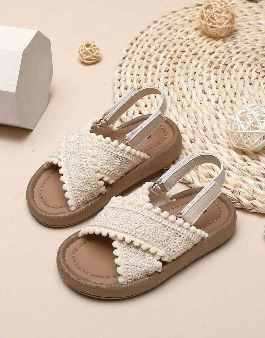 sandały na rzepy boho pompony ecru