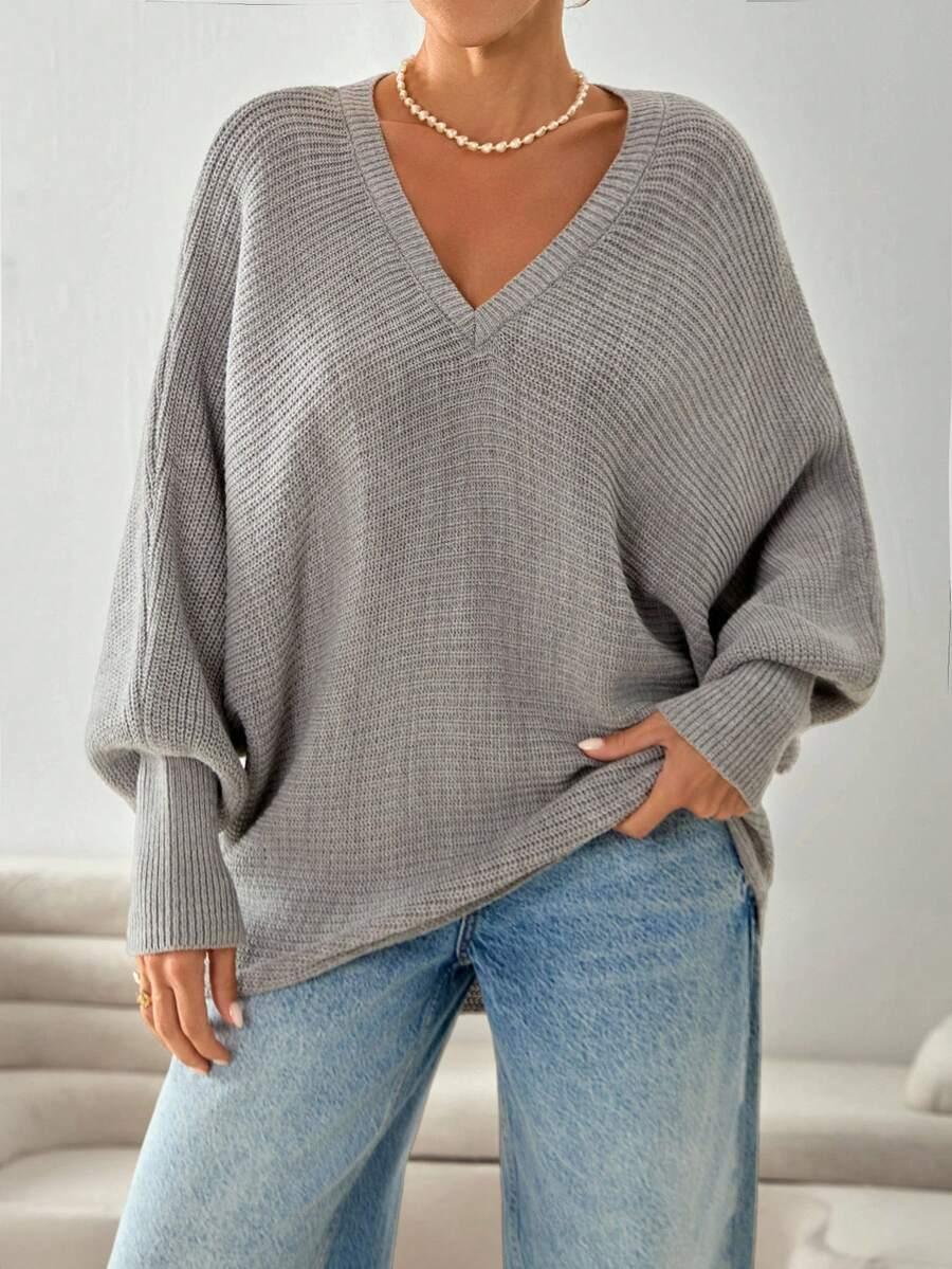 SZARY SWETER V-NECK