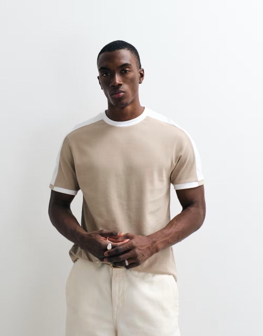 bezowy t-shirt krótki rękaw okrągły dekolt