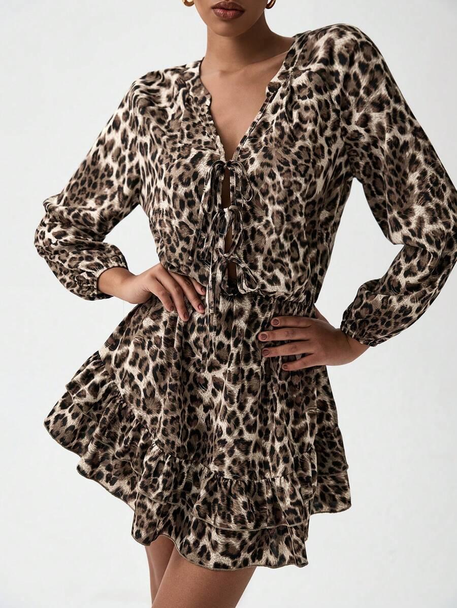 mini sukienka długi rękaw animal print wiązanie 