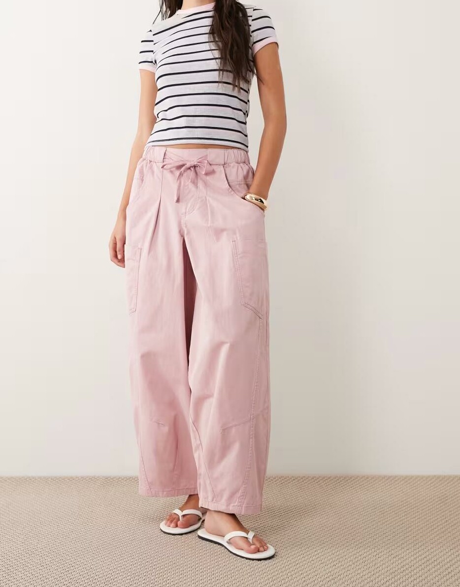 różowe spodnie barrel leg casual kieszenie wiązanie