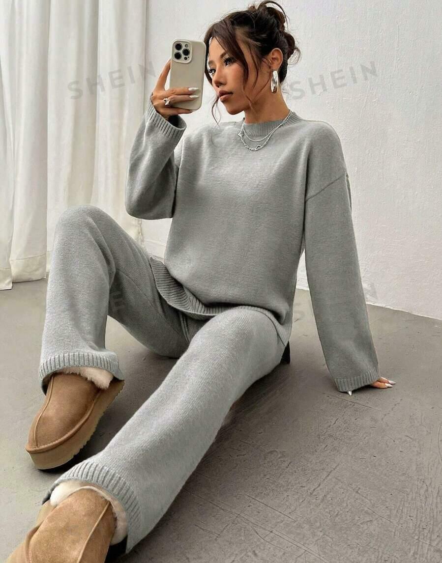 SZARY KOMPLET SWETER SPODNIE