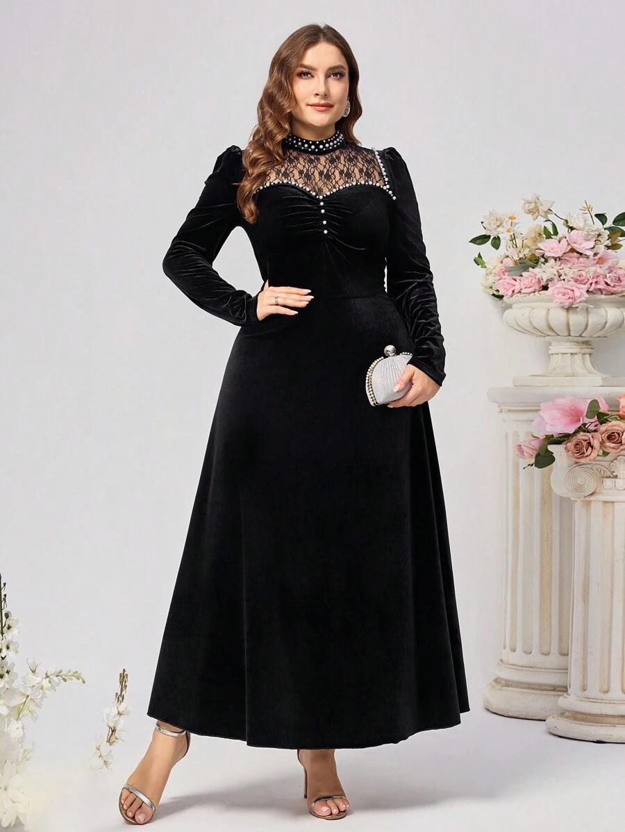 czarna welurowa maxi sukienka zdobienie 