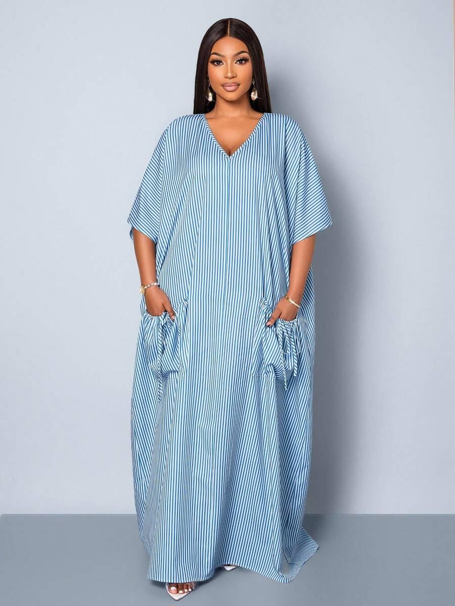 MAXI SUKIENKA WZÓR paski v-neck