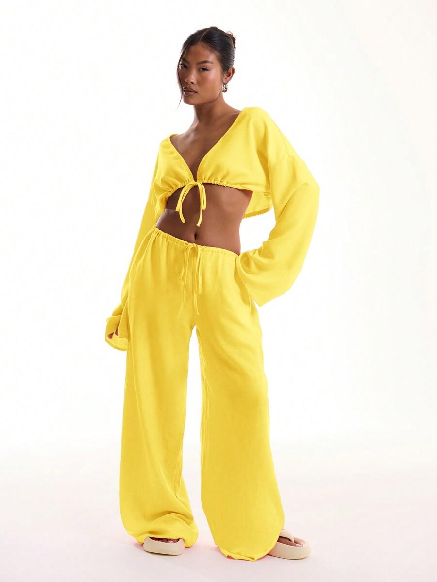 ŻÓŁTY CROP TOP WIĄZANIE