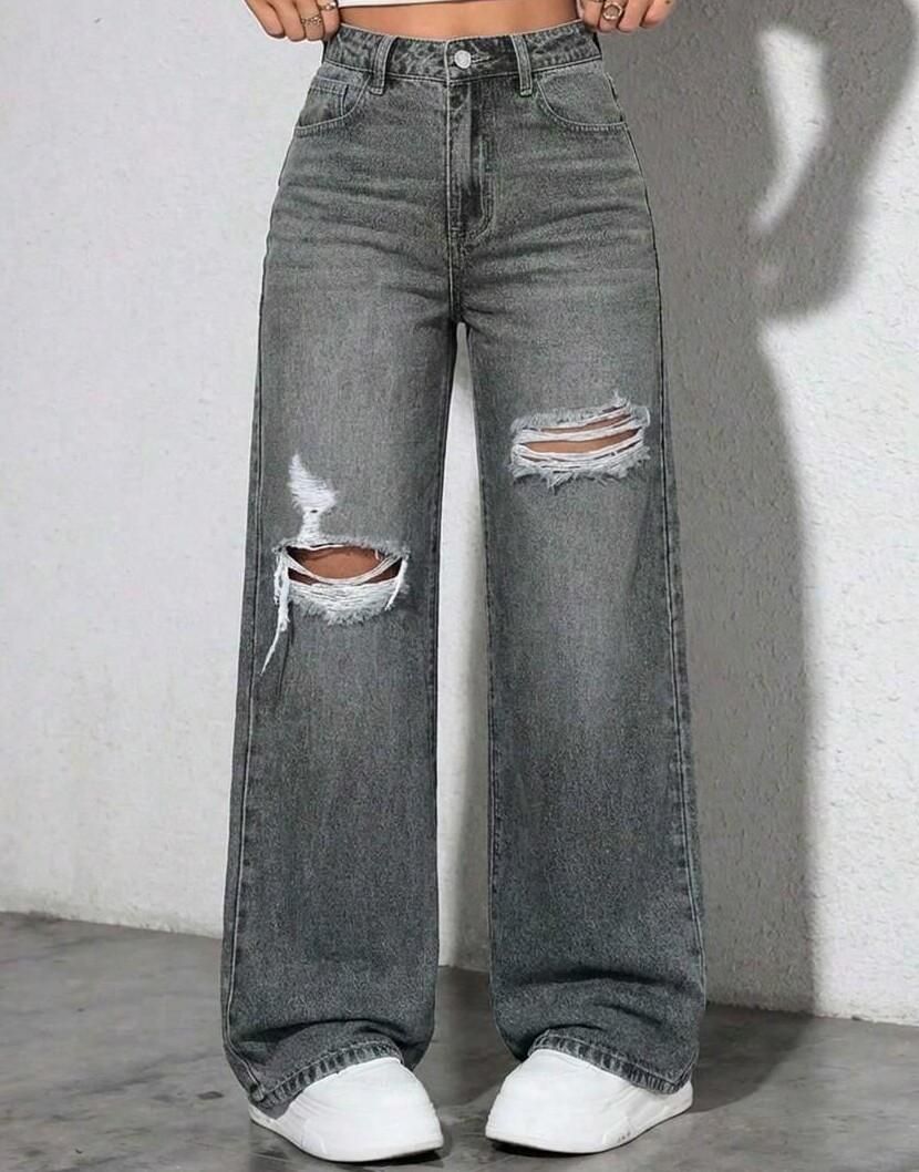 szare spodnie jeans przetarcia prosta nogawka