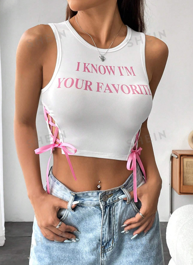 biały crop top bez rękawów wstążki wiązanie nadruk