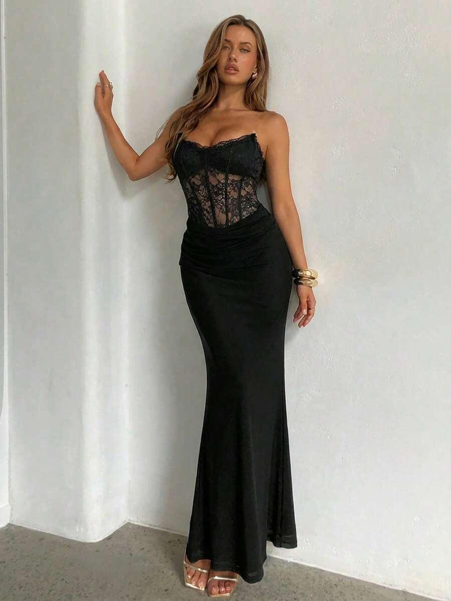 CZARNA MAXI SUKIENKA KORONKA