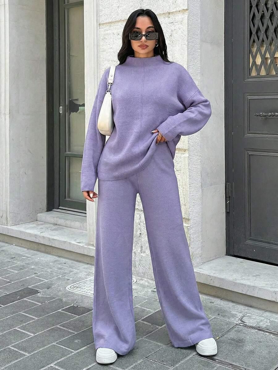FILETOWY DZIANINOWY SWETER SPODNIE KOMPLET 