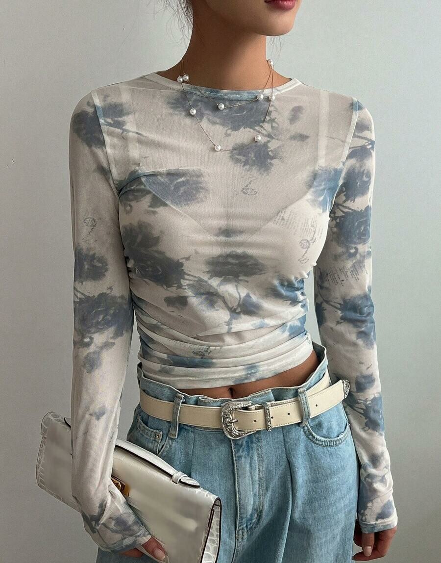 top długi rękaw print siateczka