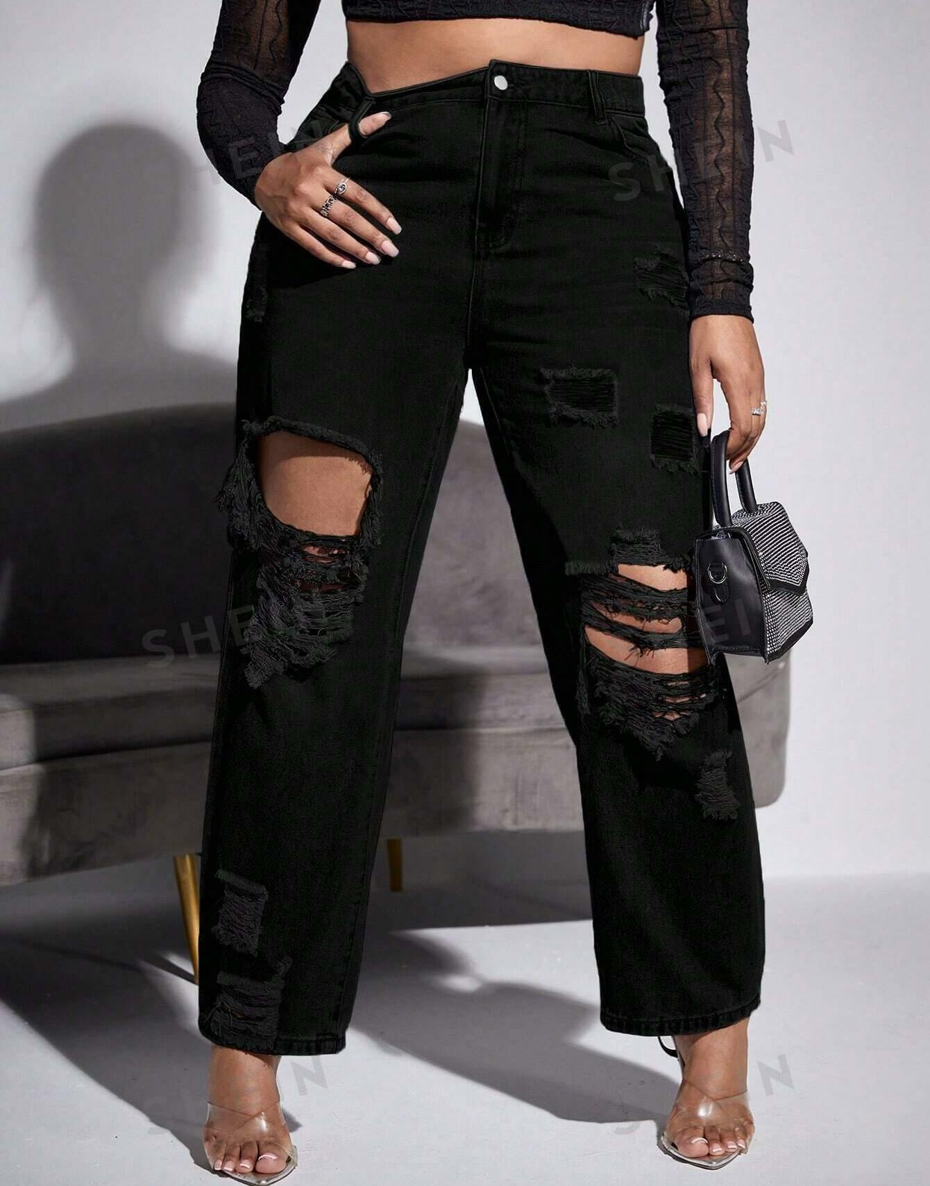 CZARNE SPODNIE JEANSOWE RIPPED