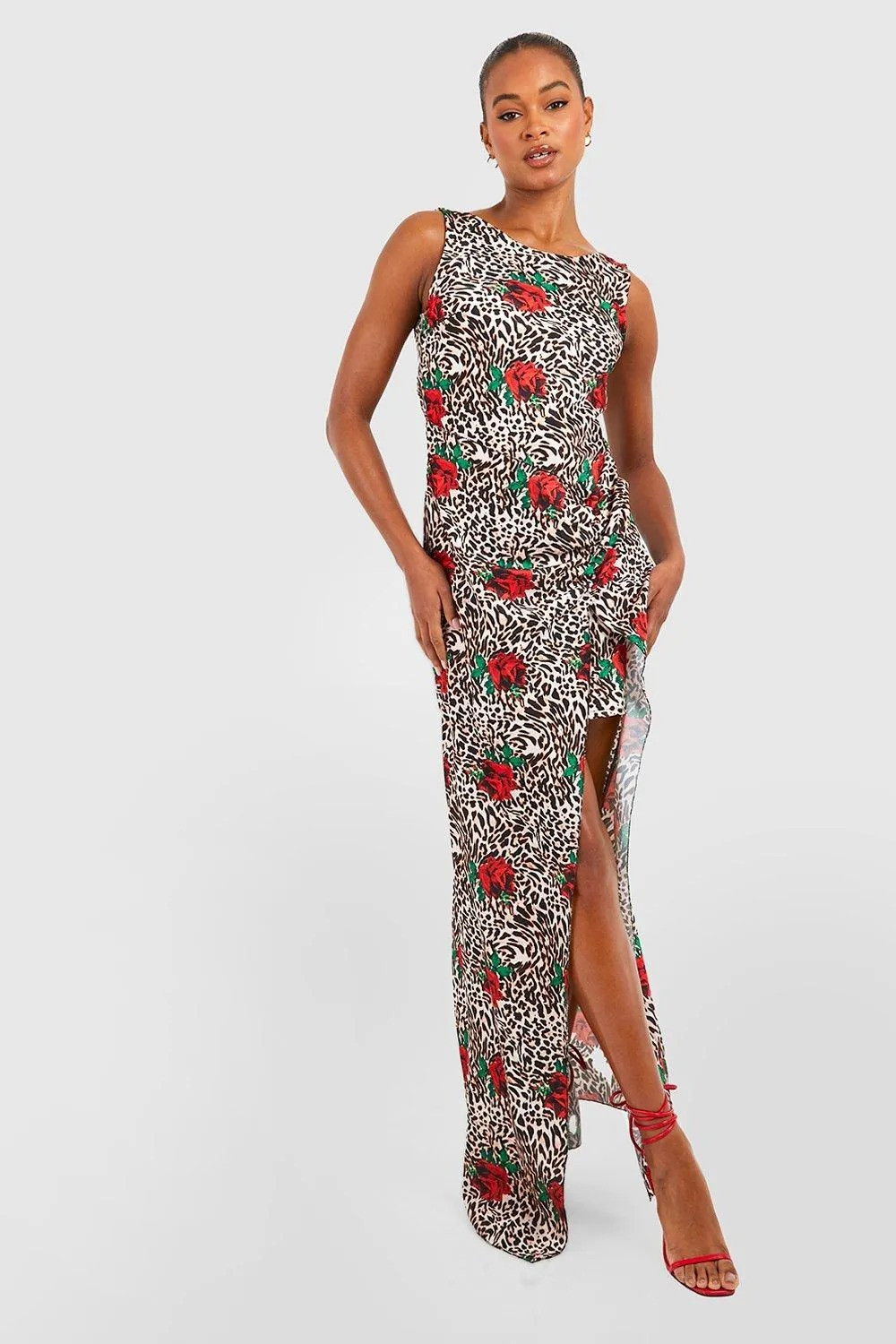 ASYMETRYCZNA MAXI SUKIENKA ANIMAL PRINT KWIATY