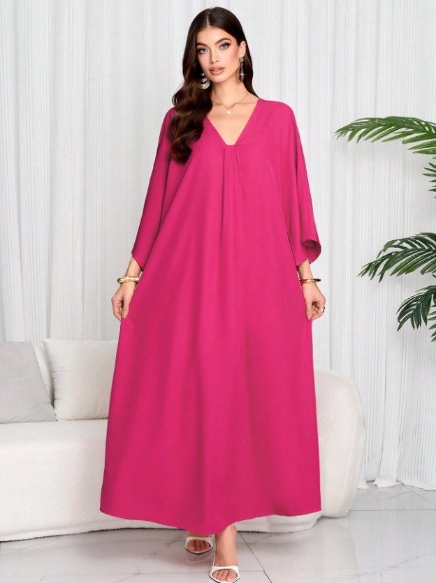 różowa maxi sukienka v-neck