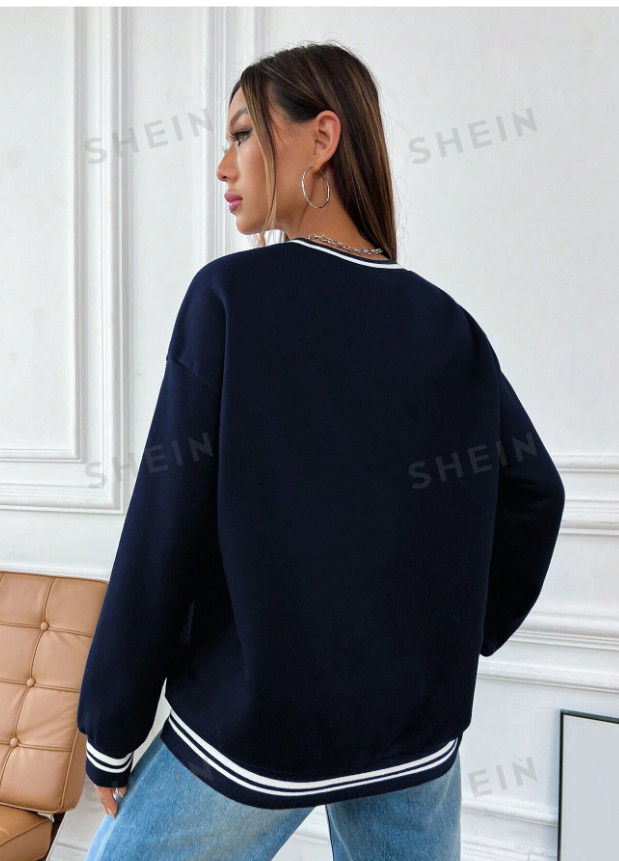 GRANATOWA BLUZA V-NECK KONTRAST