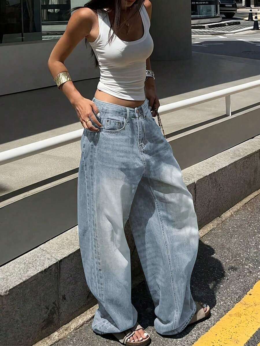 NIEBIESKIE SPODNIE JEANS SZEROKA NOGAWKA