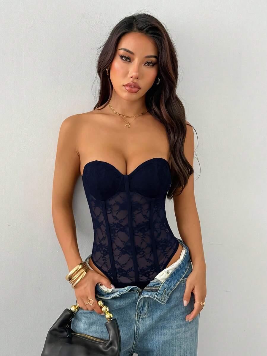 granatowe body koronka 