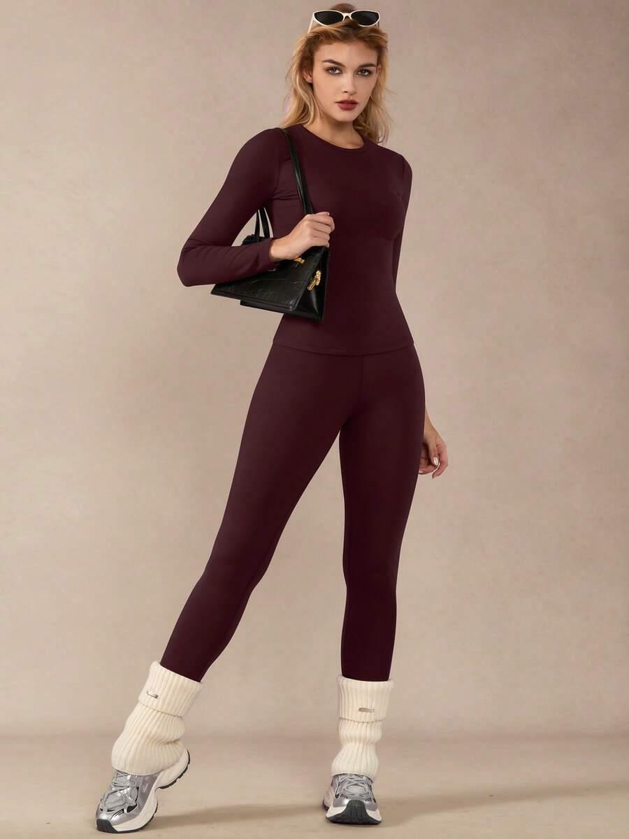 bordowy komplet bluzka legginsy