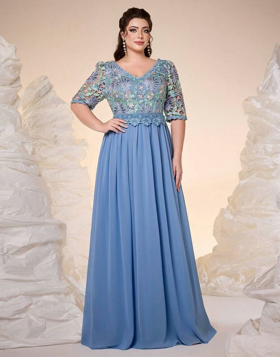 niebieska maxi sukienka haft łączenie v-neck