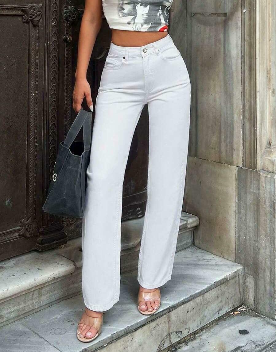 BIAŁE SPODNIE JEANS PROSTE WYSOKI STAN