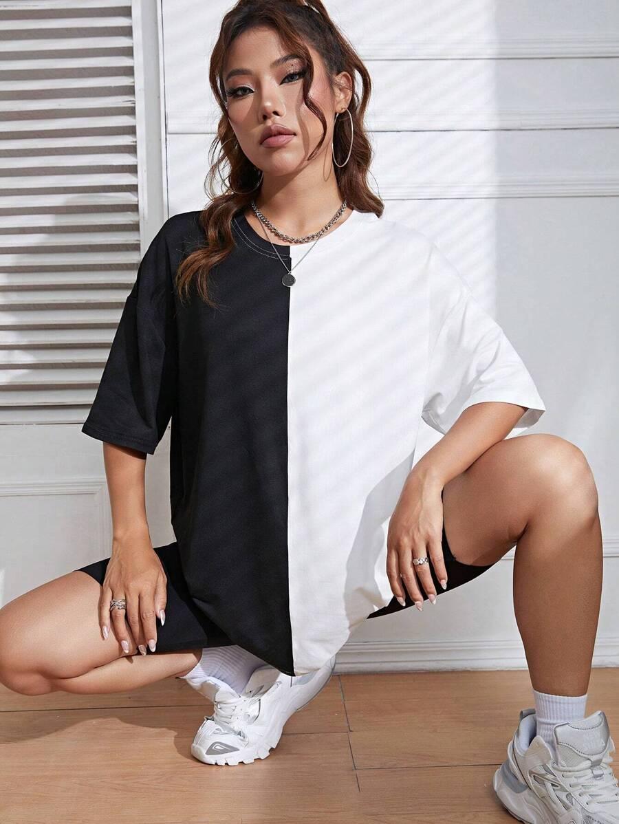 T-SHIRT OKRĄGŁY DEKOLT KONTRAST 