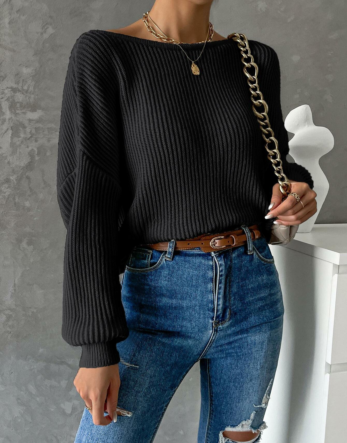 CZARNY DZIANINOWY SWETER