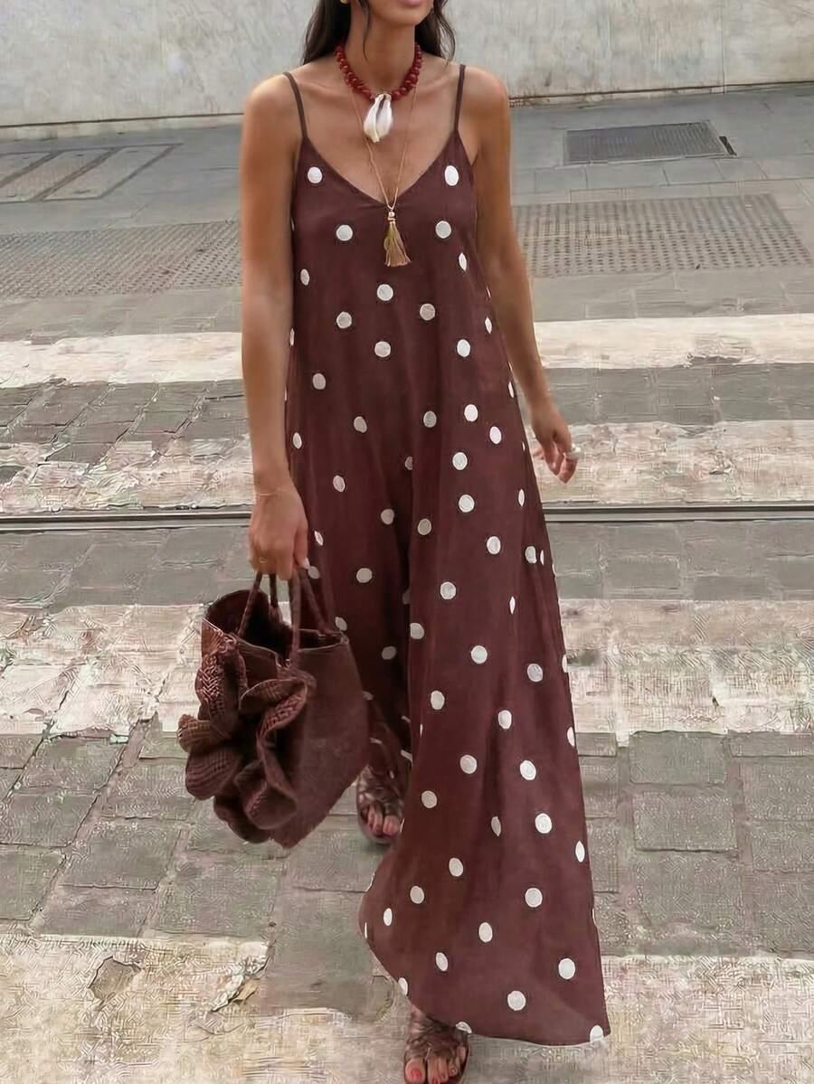 brązowa sukienka na ramiączkach groszki v-neck