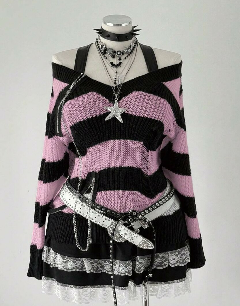sweter ripped paski v-neck zip