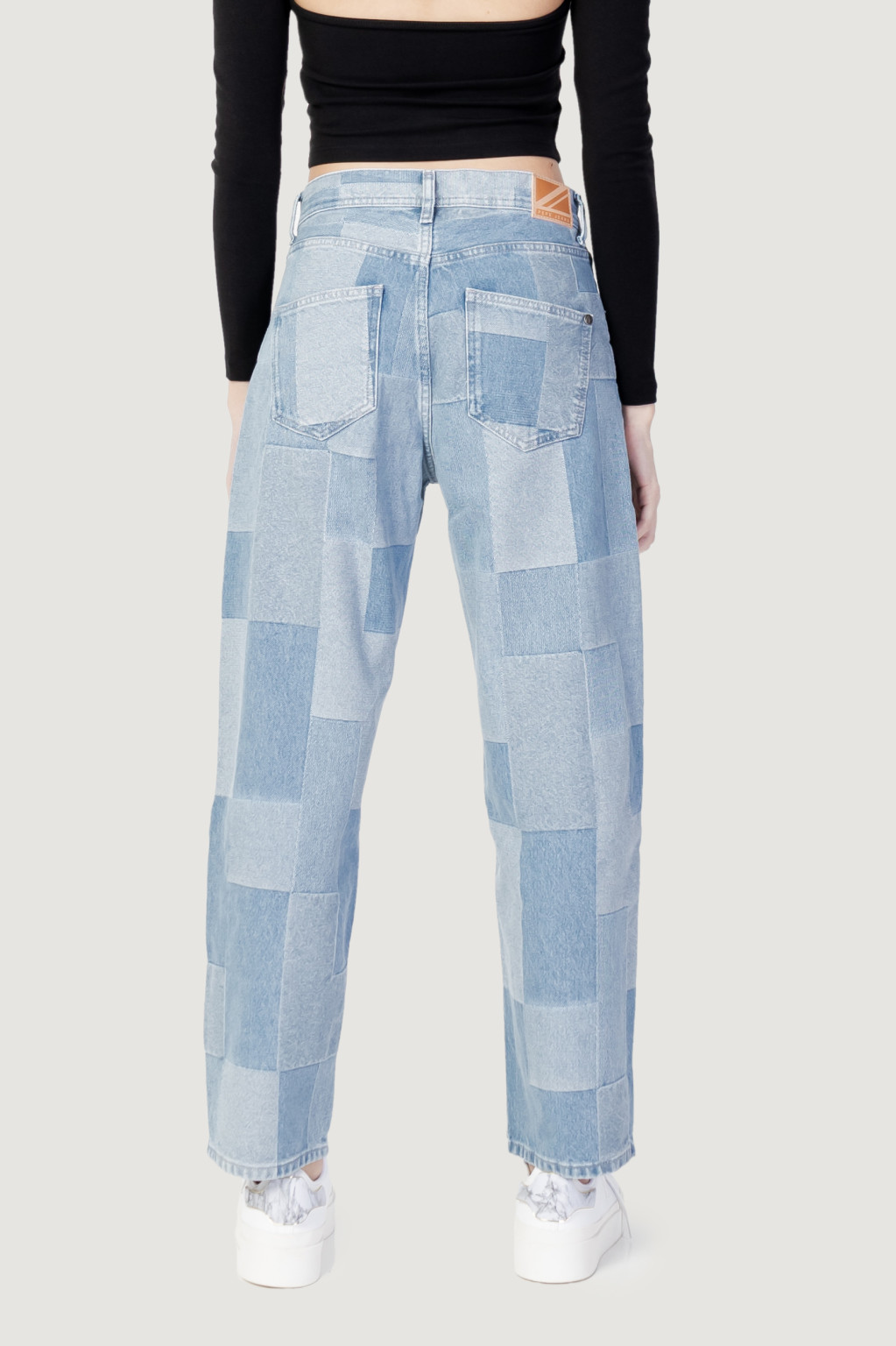 spodnie jeans wysoki stan kratka kontrast