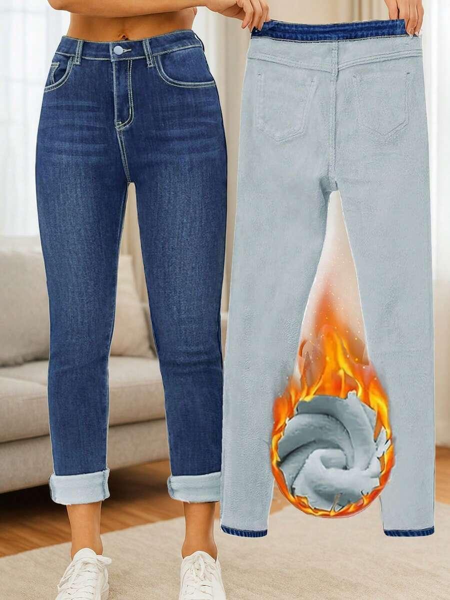 spodnie jeans wysoki stan ocieplenie 