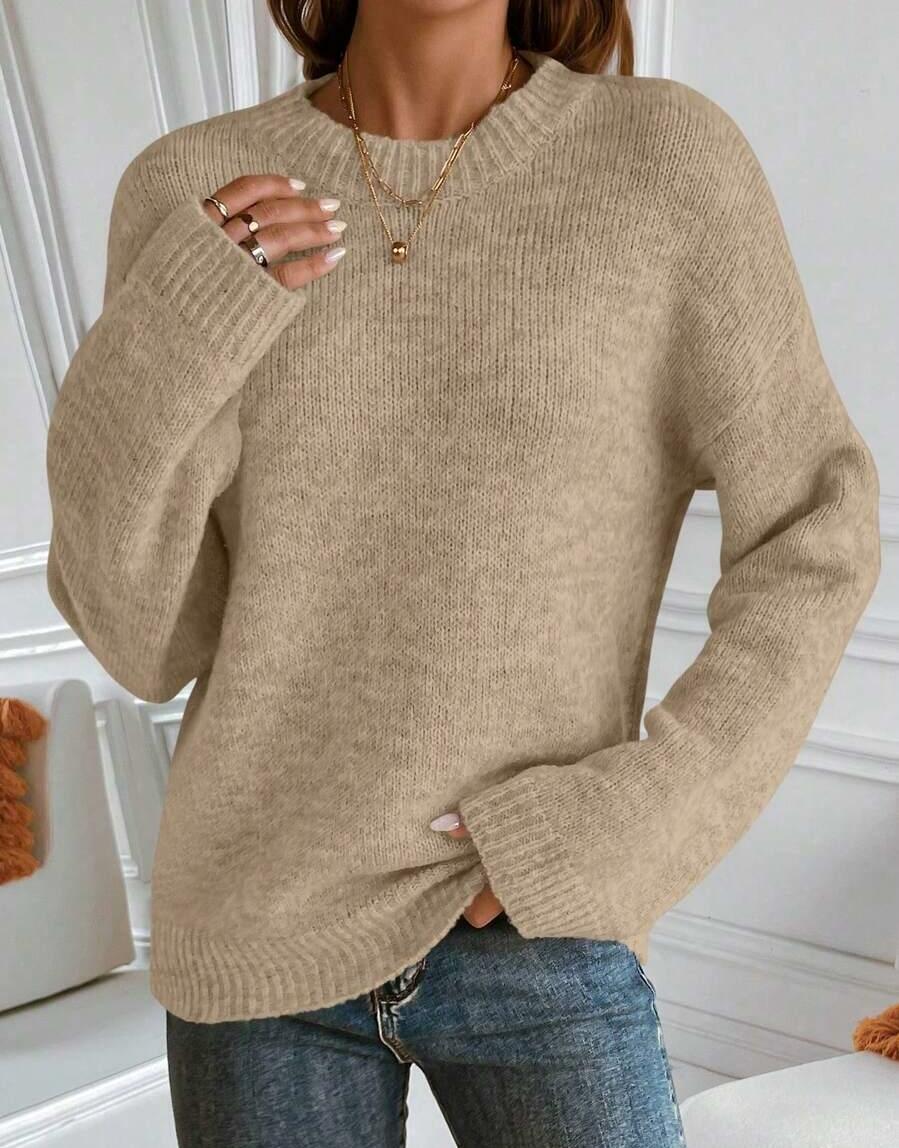 BEŻOWY SWETER OKRĄGŁY DEKOLT