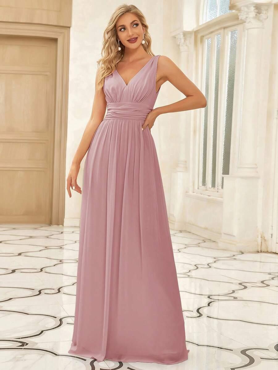 różowa maxi sukienka v-neck