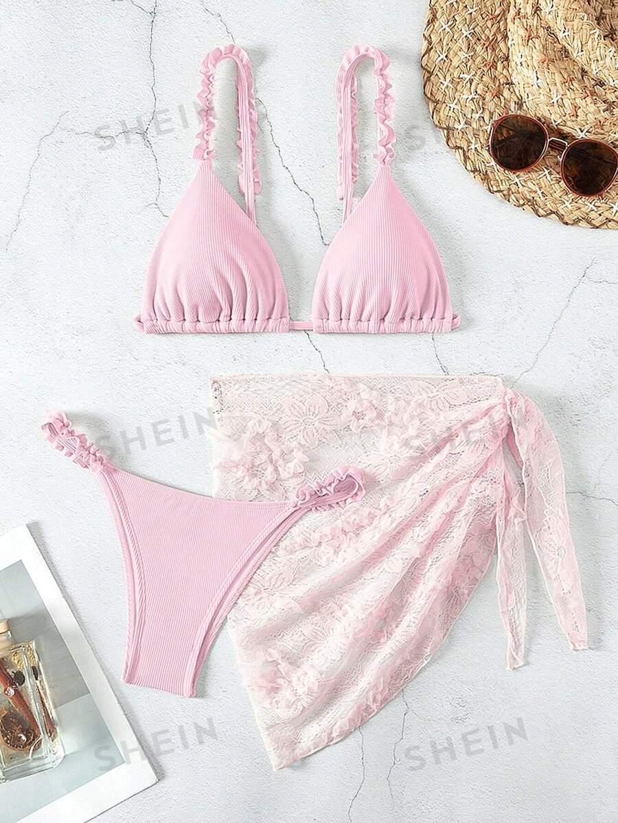 RÓŻOWY DWUCZĘŚCIOWY STRÓJ KĄPIELOWY BIKINI ZE SPÓDNICĄ