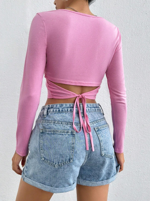 różowy crop top długi rękaw wiązanie