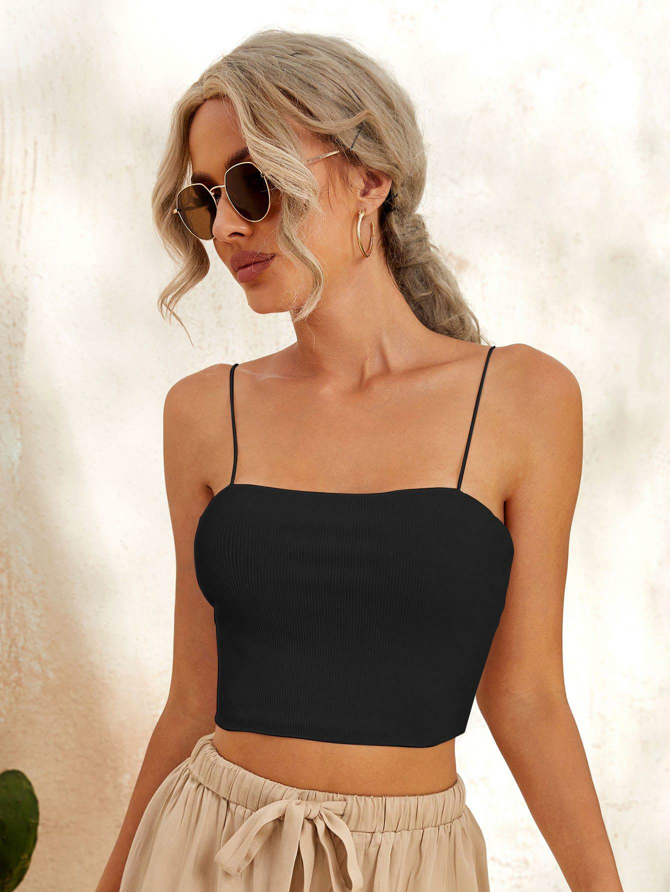 CZARNY CROP TOP na ramiączkach PRĄŻKI basic