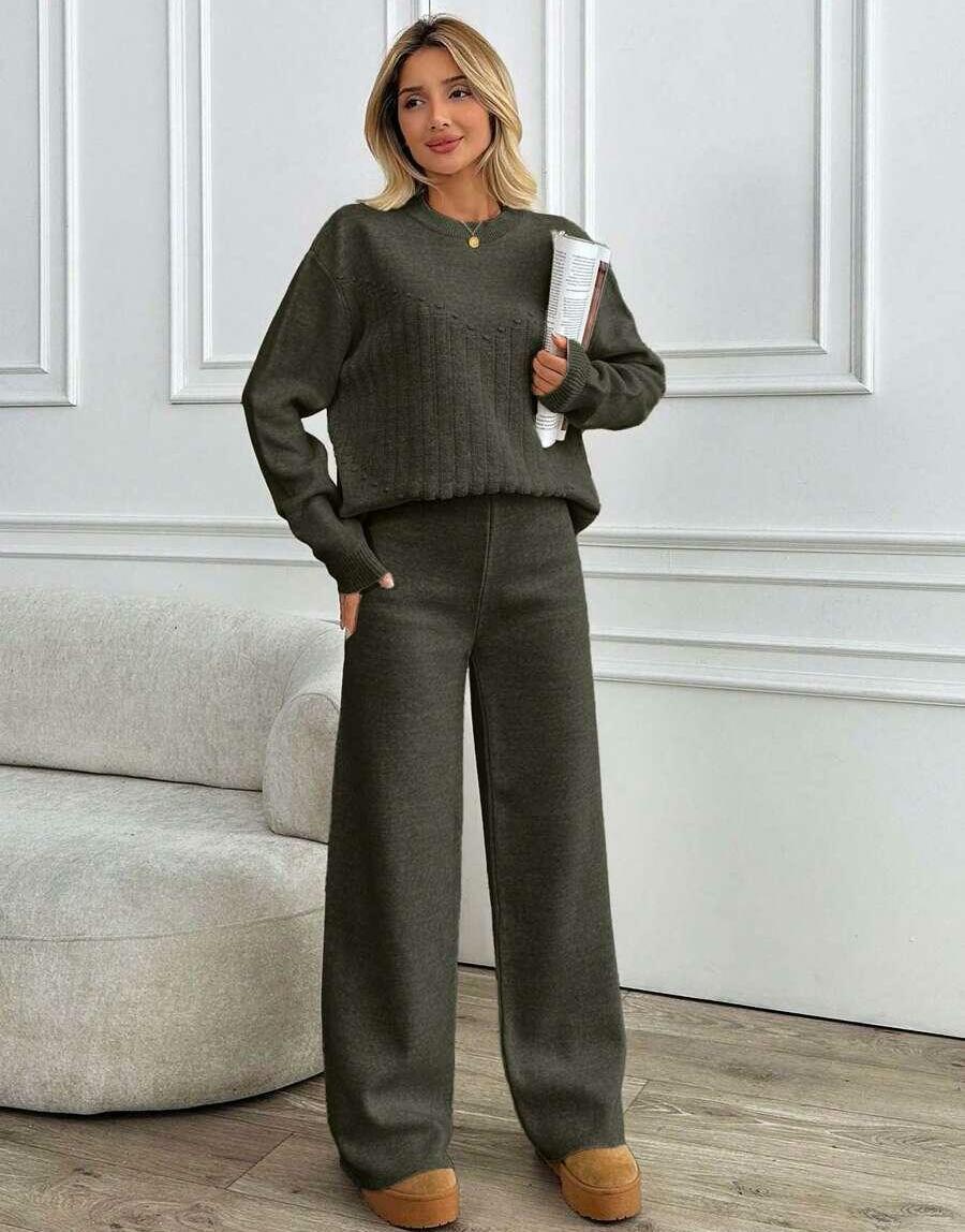 DZIANINOWY KOMPLET SWETER SPODNIE