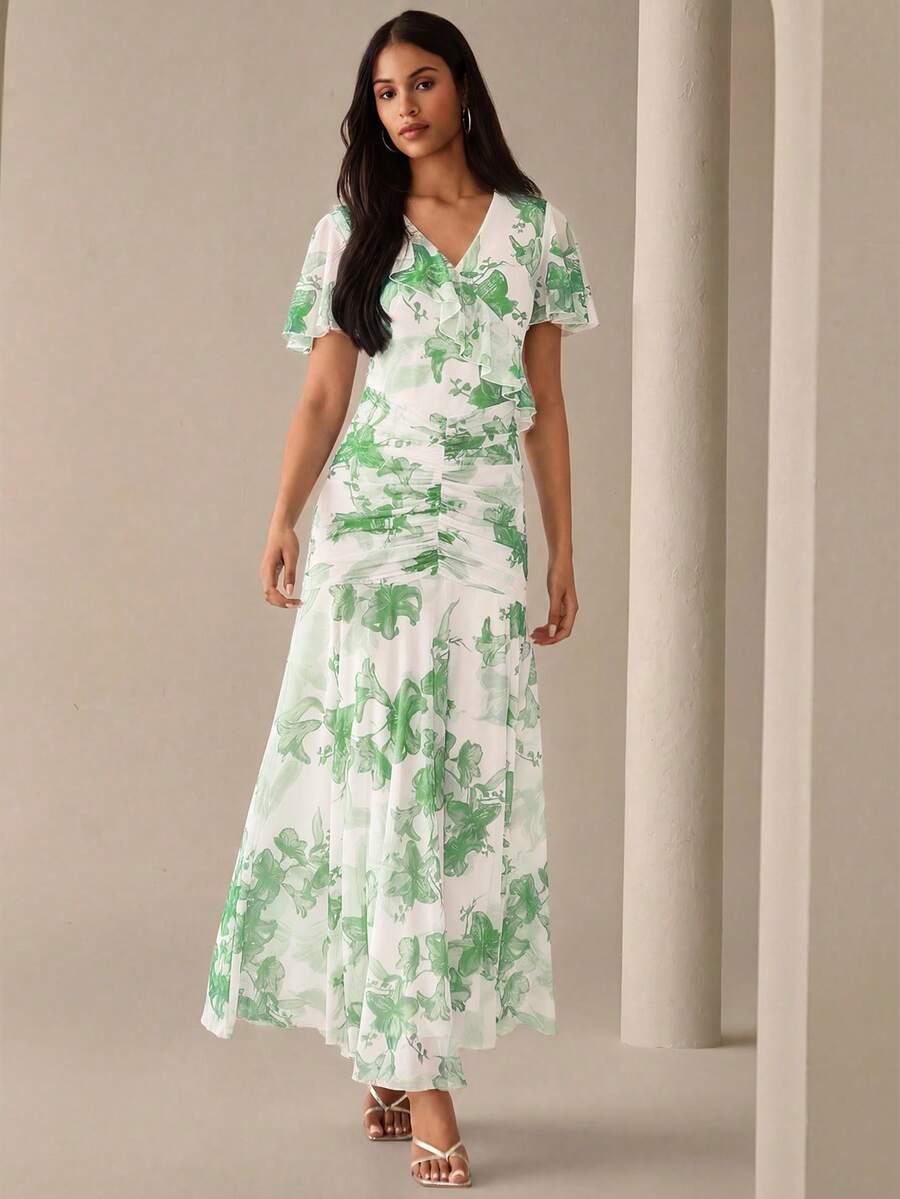 sukienka maxi krótki rękaw print