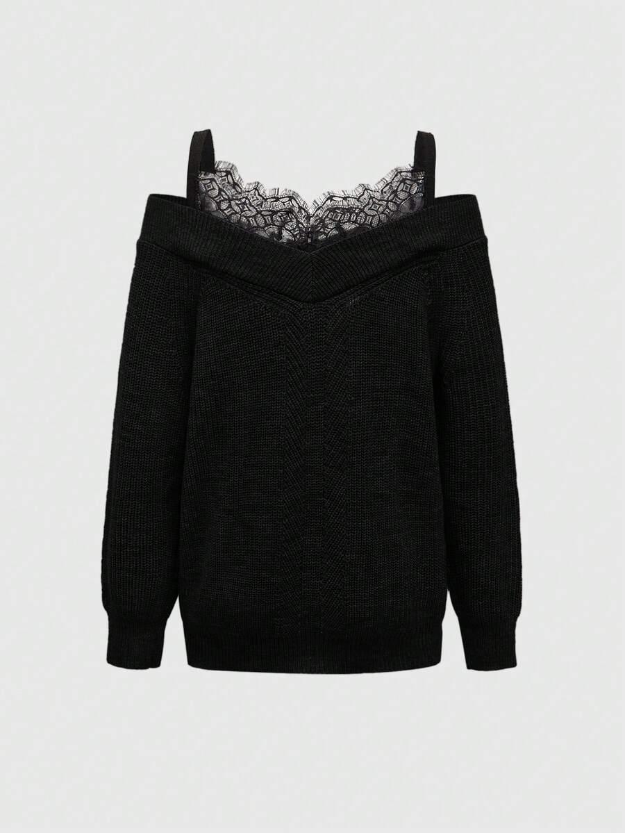 czarny sweter koronka