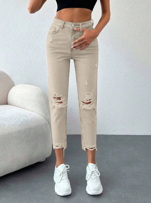 BEŻOWE SPODNIE JEANS PRZETARCIA