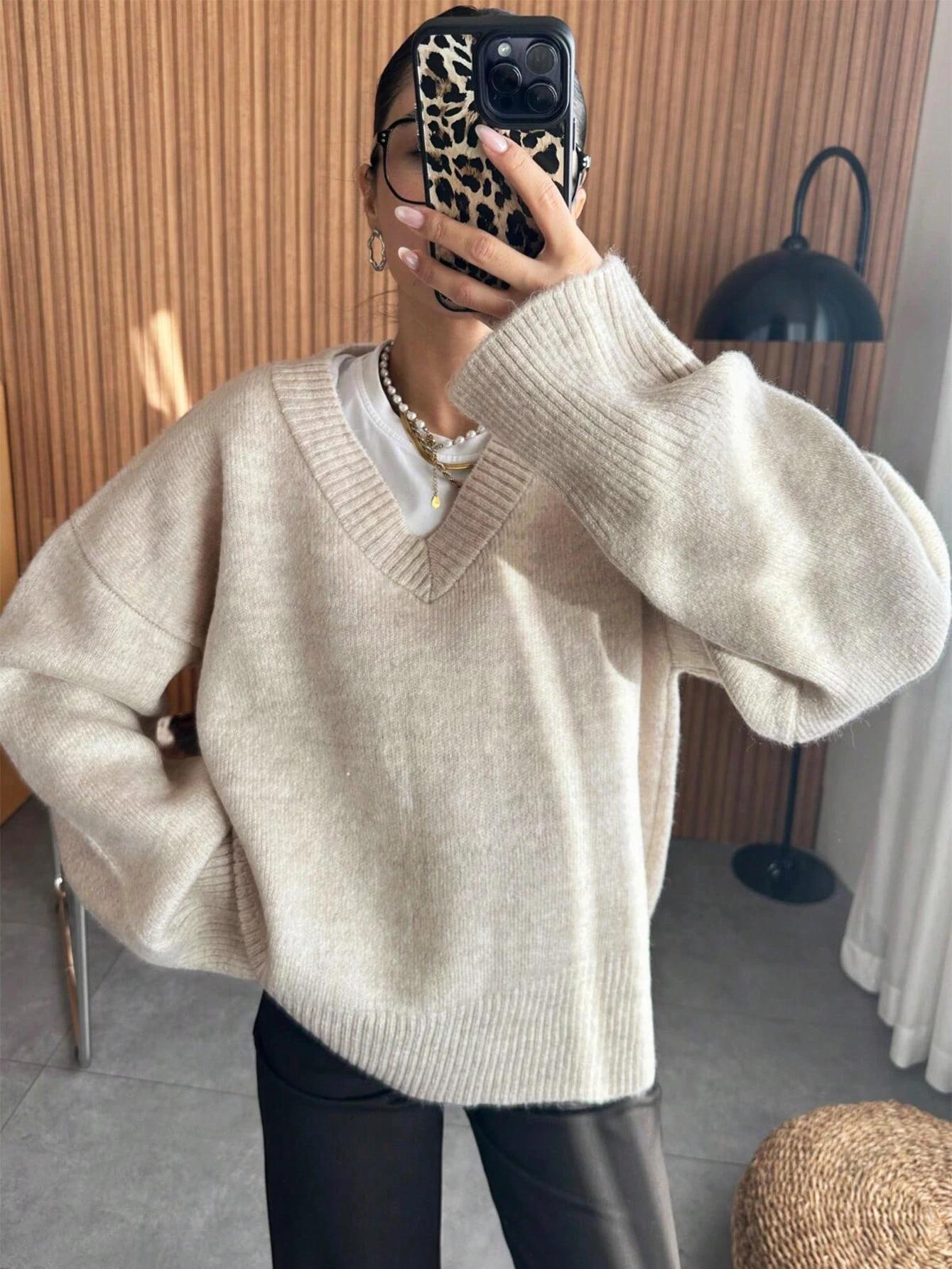 BEŻOWY DZIANINOWY sweter v neck 