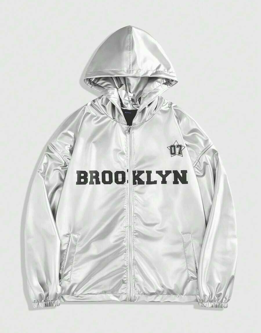 srebrna kurtka z kapturem napis brooklyn