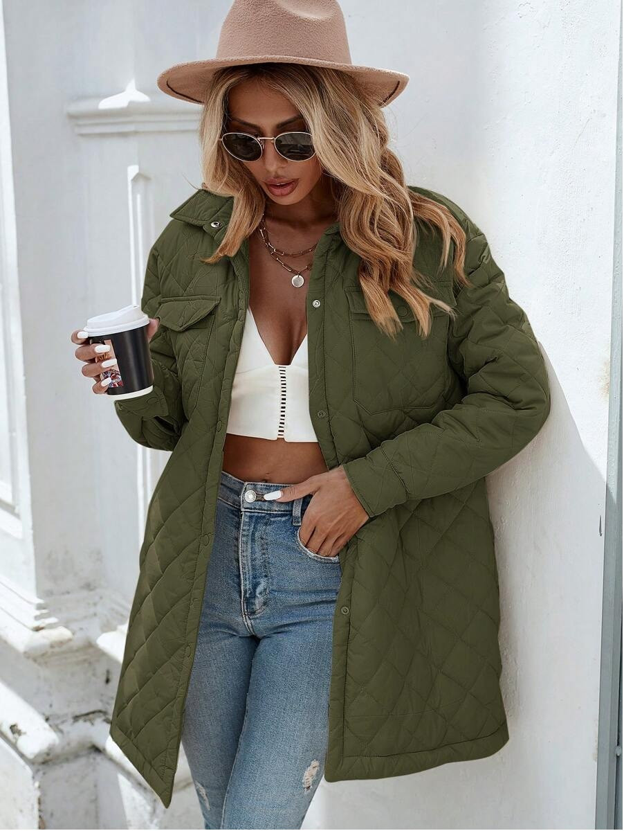 pikowana zielona kurtka koszulowa khaki oversize