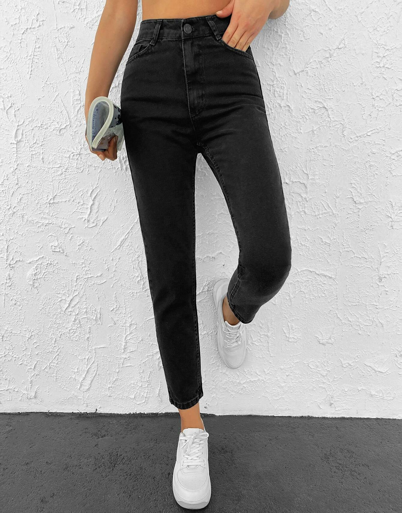 CZARNE SPODNIE Z WYSOKIM STANEM JEANS KIESZENIE