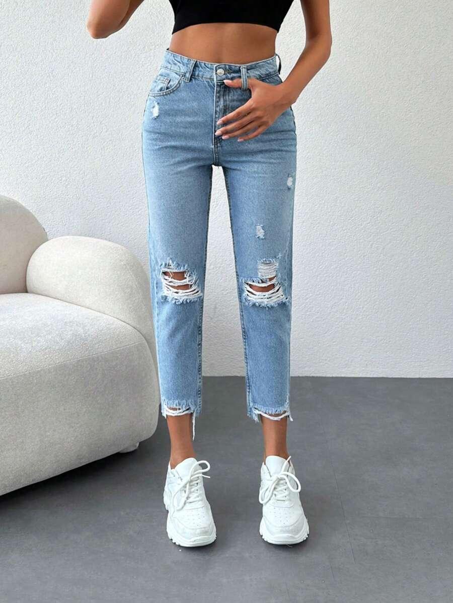 NIEBIESKIE SPODNIE MOM JEANS PRZETARCIA