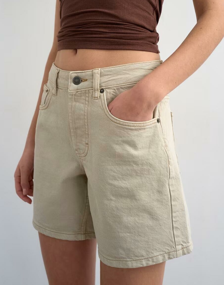 BEŻOWE krótkie SPODENKI JEANS guziki kieszenie