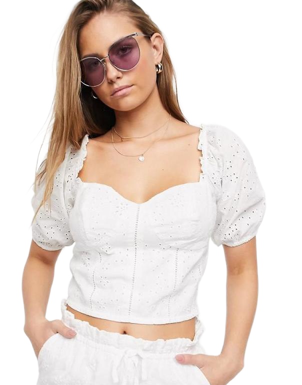 BIAŁY crop TOP HAFT krótki rękaw BUFKI