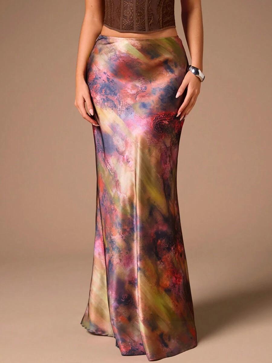 SATYNOWA MAXI SPÓDNICA PRINT