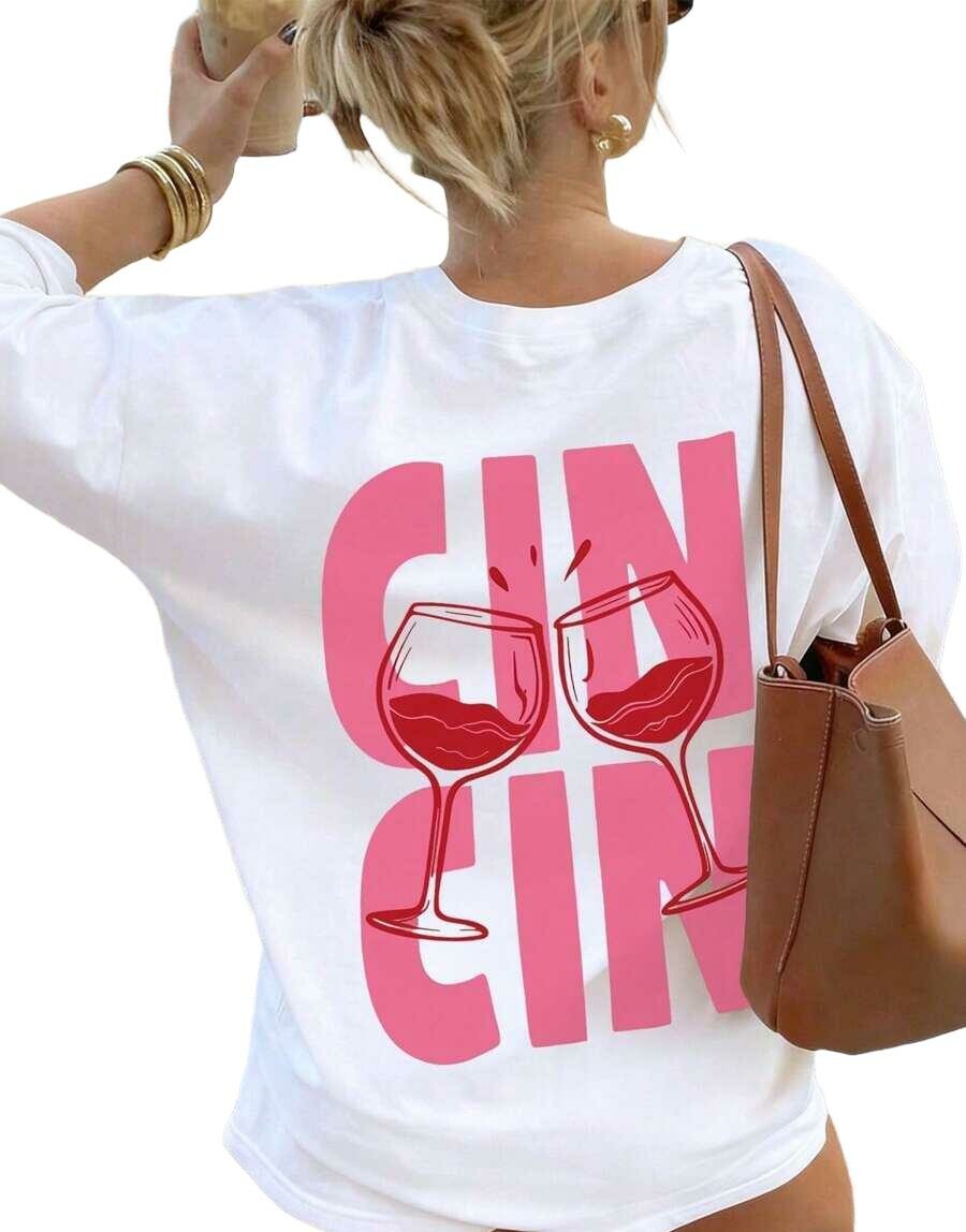 biały t-shirt nadruk cin cin