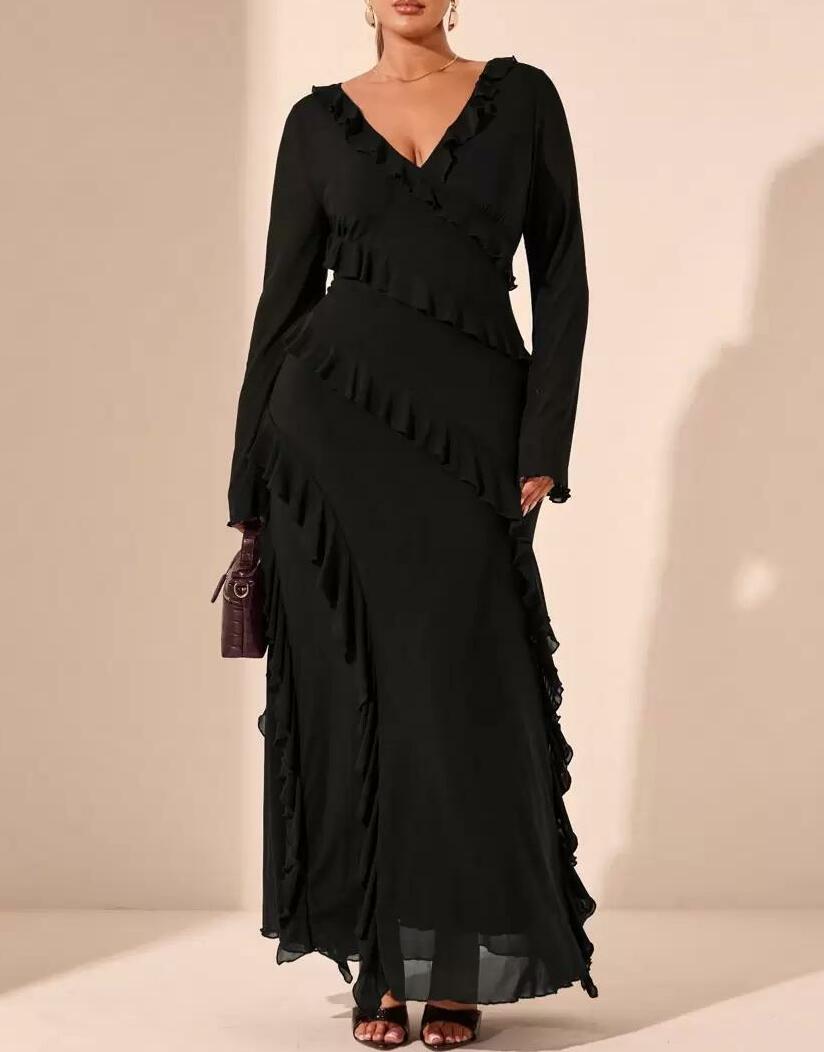 CZARNA MAXI SUKIENKA V-NECK