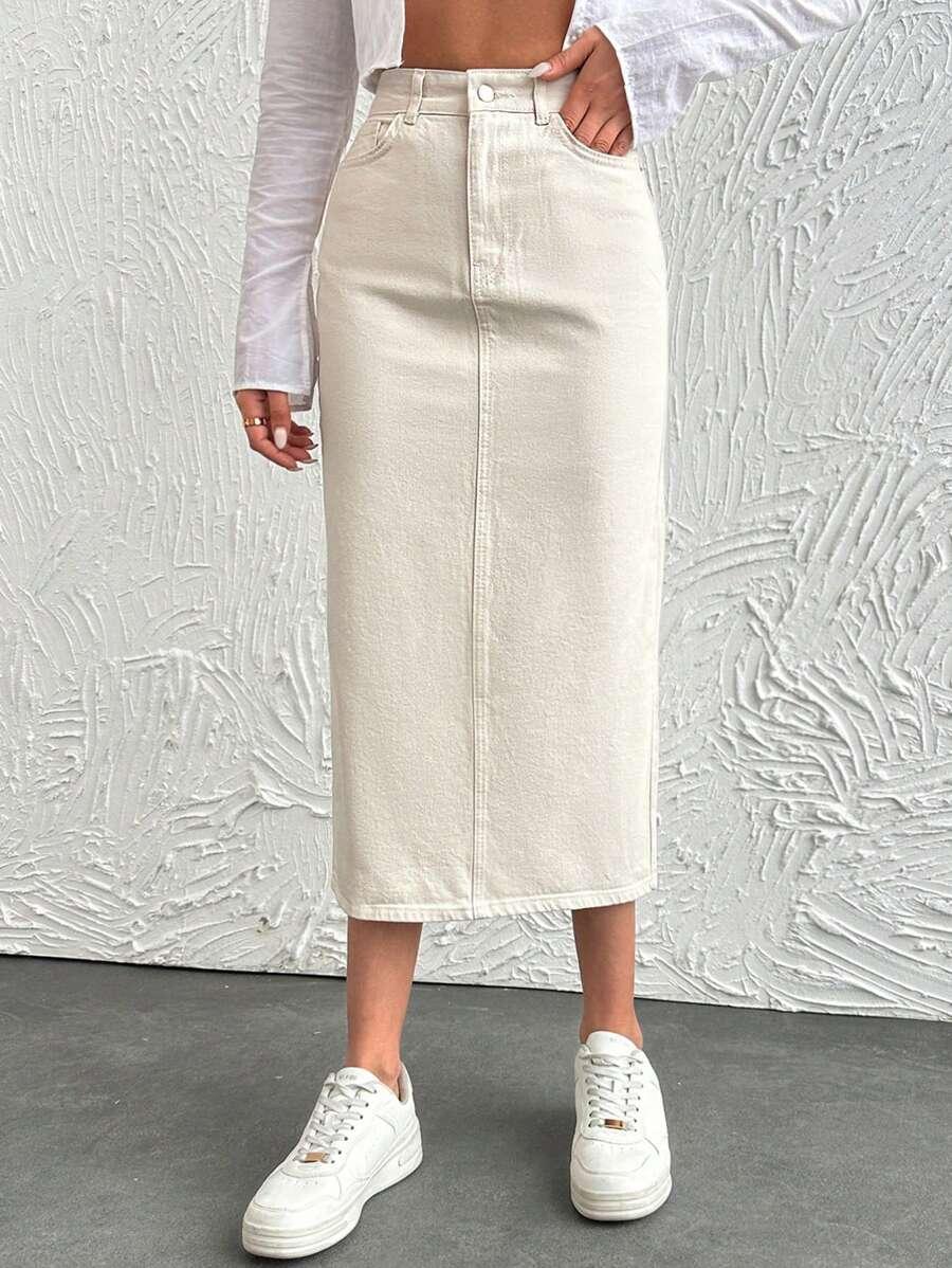 BEŻOWA MIDI SPÓDNICA JEANS